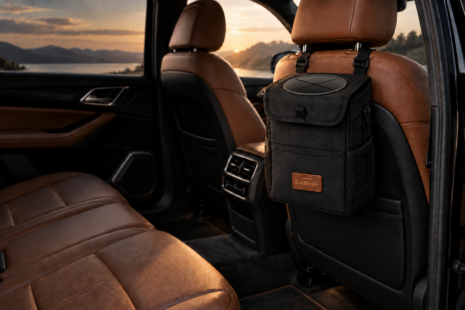 LuxMotive 3-gallon car trash can secured behind a luxury SUV seat