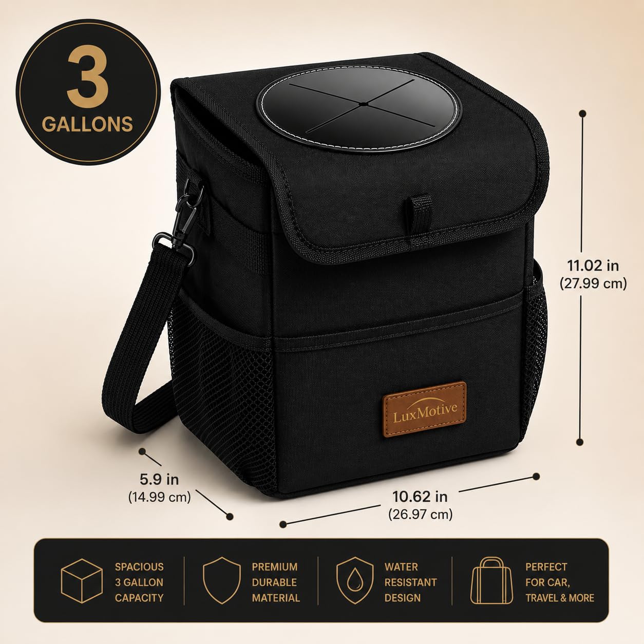 LuxMotive car trash can dimensions and 3-gallon capacity