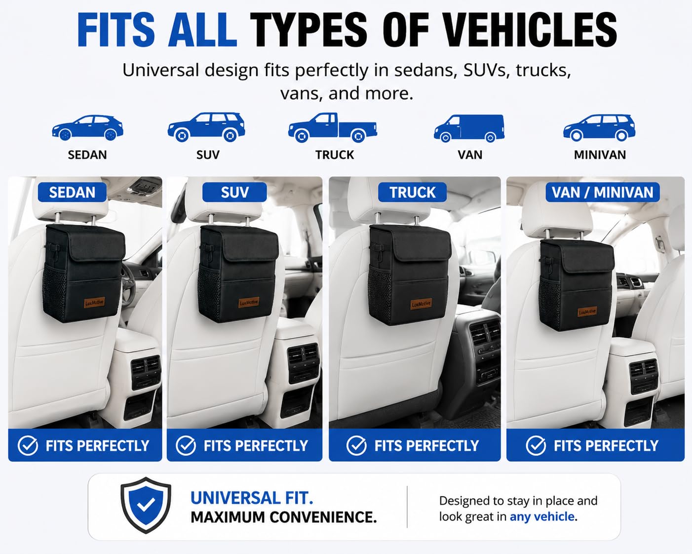 LuxMotive bin installed in sedan, SUV, truck and minivan
