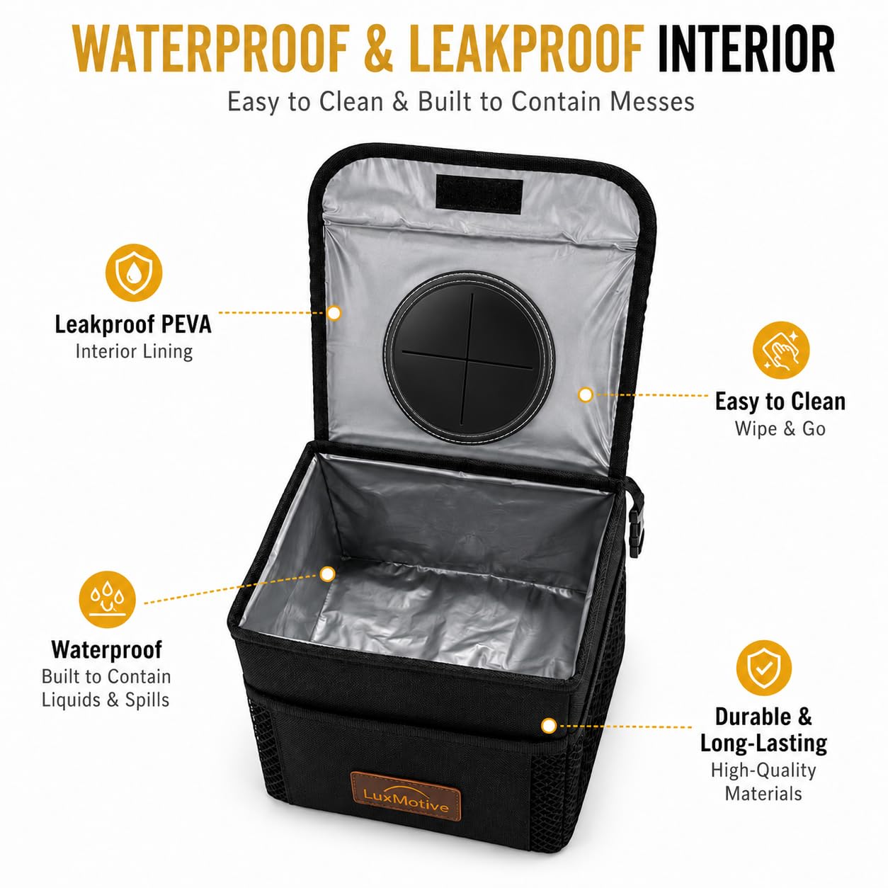 Open LuxMotive bin showing waterproof PEVA interior