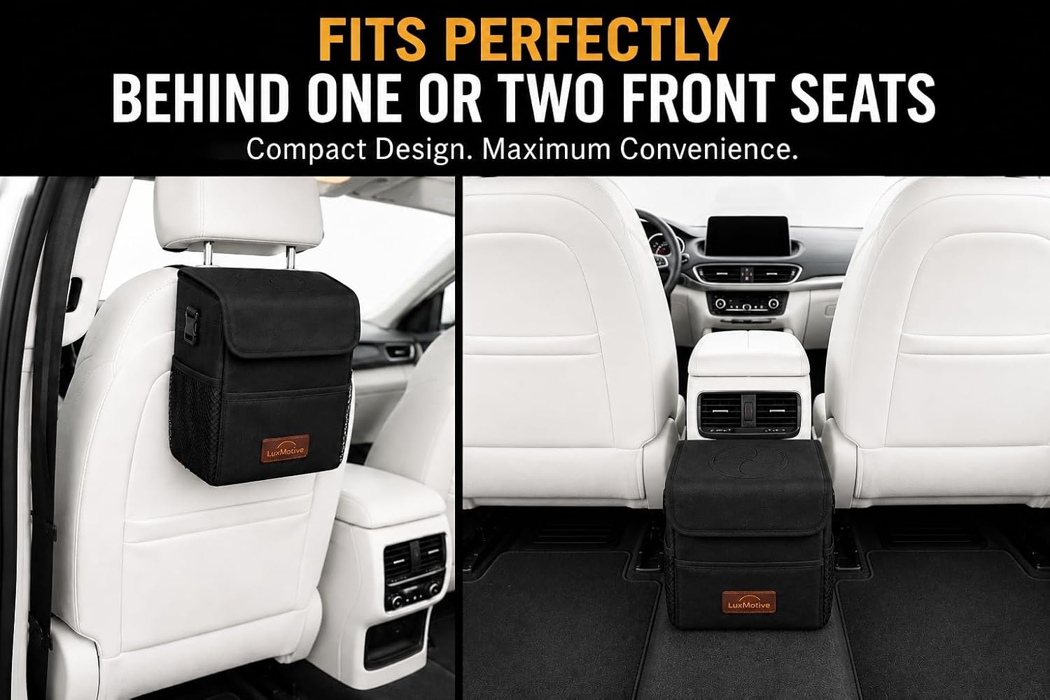 LuxMotive bin positioned behind one seat and between two front seats