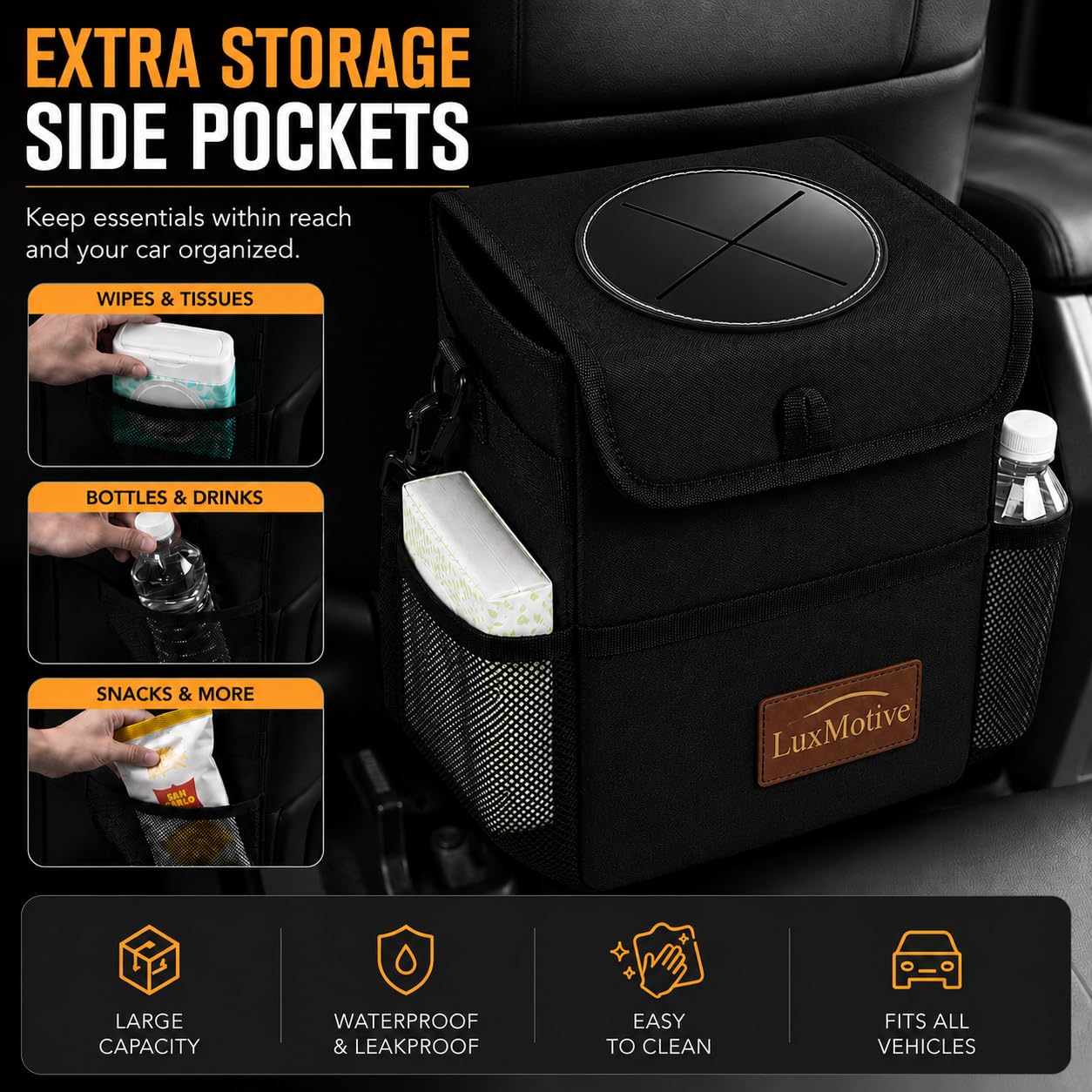 LuxMotive side pockets holding wipes, bottles, and snacks