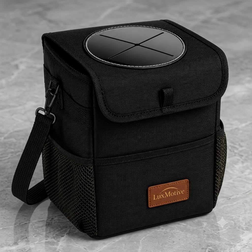 LuxMotive 3-gallon car trash can with lid and adjustable strap
